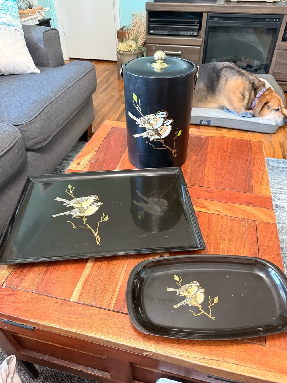 Vintage Couroc MCM Bar Set Serving Trays and Ice Bucket Inlaid Chickadees
